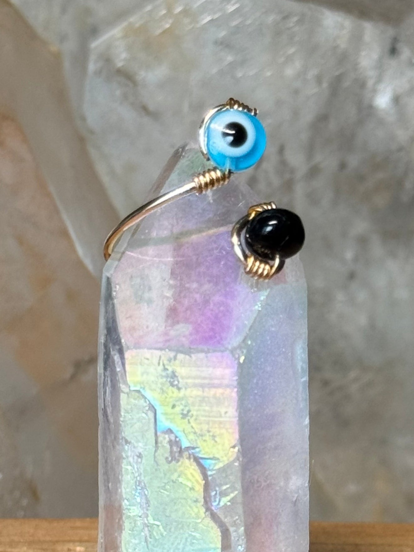 Crystal Ring - Black Onyx Light Blue Eye